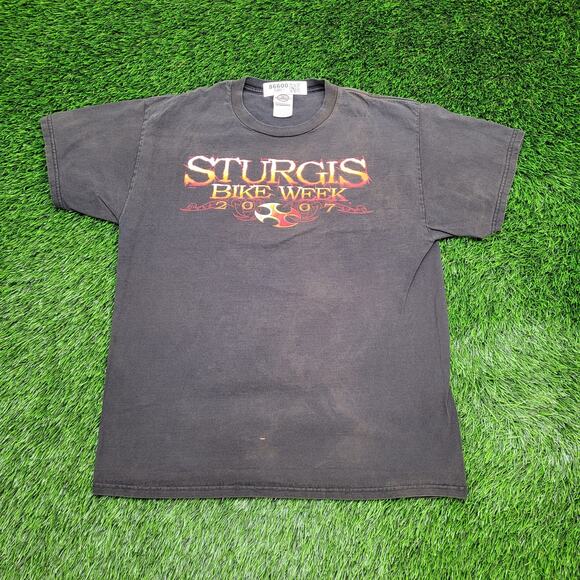 2007 Sturgis Biker Rally Shirt M/L 21x26 Faded Black Flame Hog Motorcycle - Picture 2 of 16